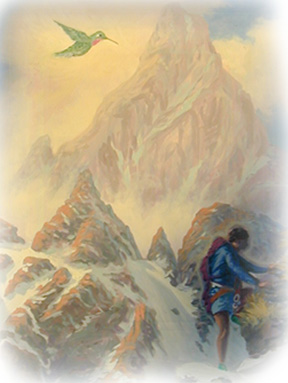 Painting by Jim Freeheart of
            Arthur climbing Mount Analogue.....